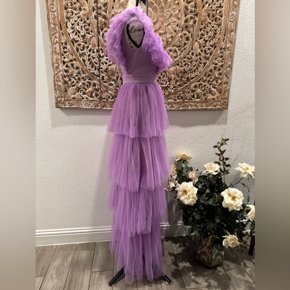 Faeriesty Plunging Neck Backless Ruffle Trim A Line Dress, Lavender- size XS - Picture 4 of 13
